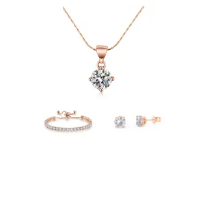 10k Rose Gold 7 Ct Round Created White Sapphire Set of Necklace, Earrings and Bracelet Plated