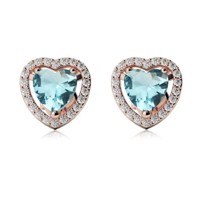 10k Rose Gold Plated 1 Ct Created Halo Heart Aquamarine Stud Earrings