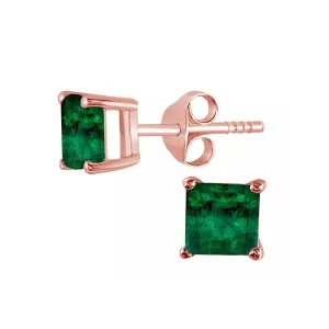 10k Rose Gold Plated 3 Carat Princess Cut Created Emrald Stud Earrings