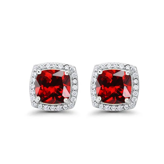 10k White Gold Plated 1 Ct Created Halo Princess Cut Garnet Stud Earrings