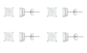 10k White Gold Plated Created White Sapphire 1/2Ct Princess Cut Set Of Four Stud Earrings