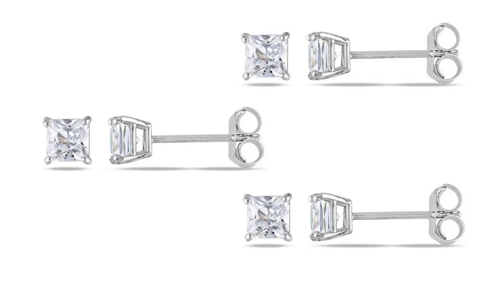 10k White Gold Plated Created White Sapphire 1/2Ct Square Cut Set of Three Stud Earrings