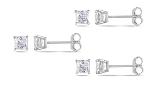 10k White Gold Plated Created White Sapphire 1/2Ct Square Cut Set of Three Stud Earrings