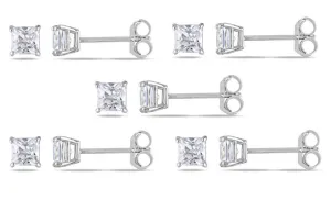 10k White Gold Plated Created White Sapphire 1Ct Square Cut Set of Five Stud Earrings