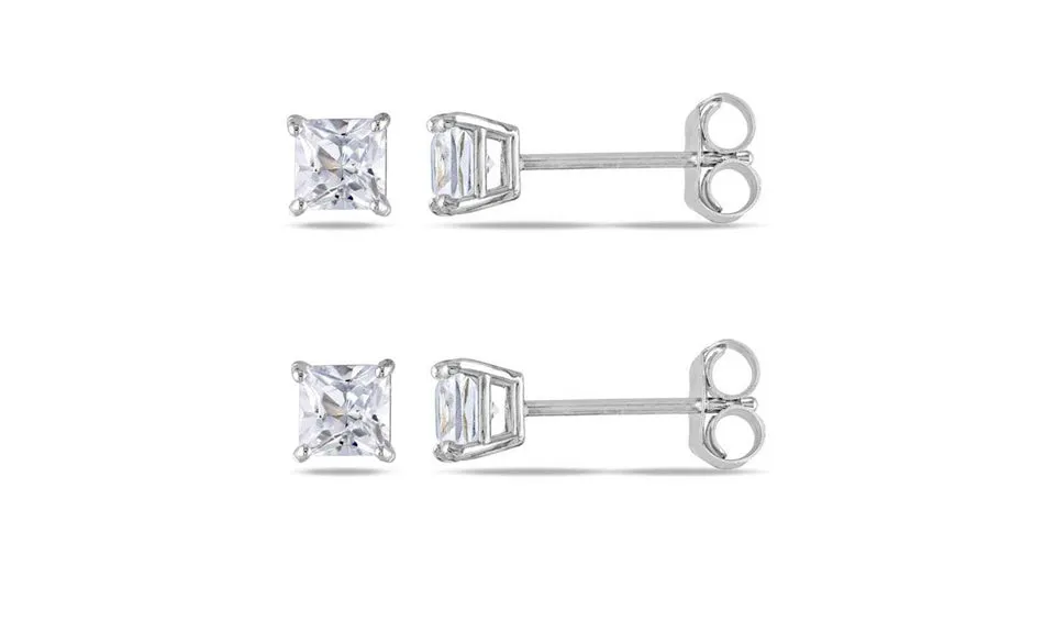 10k White Gold Plated Created White Sapphire 1Ct Square Cut Set of Two Stud Earrings