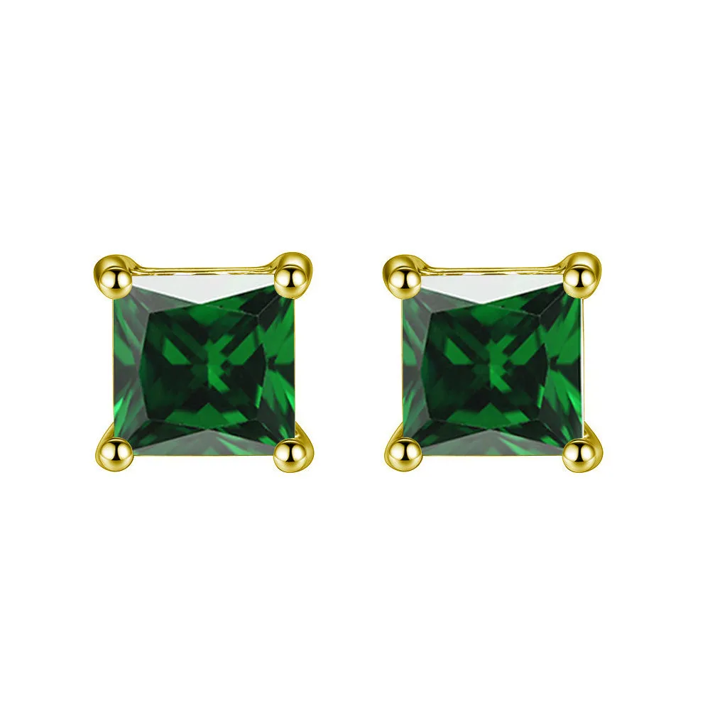 10k Yellow Gold Plated 1/2 Ct Square Created Emerald Stud Earrings