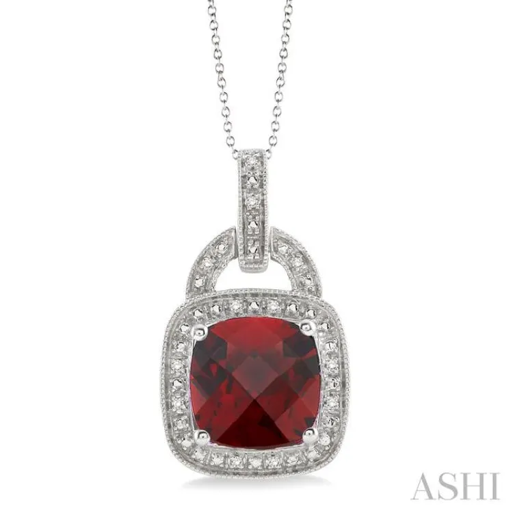 10x10 MM Cushion Shape Garnet and 1/20 Ctw Single Cut Diamond Pendant in Sterling Silver with Chain