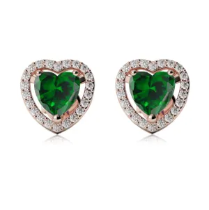 14k Rose Gold Plated 4 Ct Created Halo Heart Emerald Stud Earrings