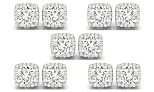 14k White Gold 4Ct Cushion Cut White Sapphire Set Of Five Halo Stud Earrings Plated