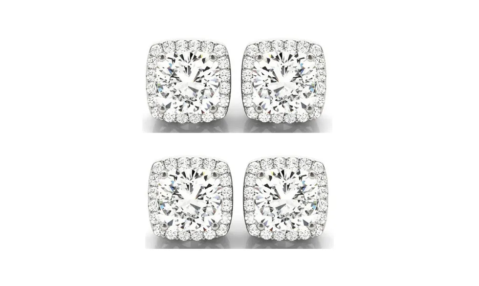 14k White Gold 6mm 2Ct Cushion Cut White Sapphire Set Of Two Halo Stud Earrings Plated