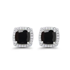 14k White Gold Plated 1/2 Ct Created Halo Princess Cut Black Sapphire Stud Earrings