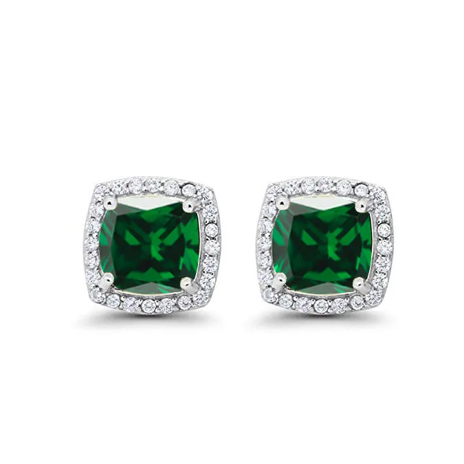 14k White Gold Plated 1/2 Ct Created Halo Princess Cut Emerald Stud Earrings