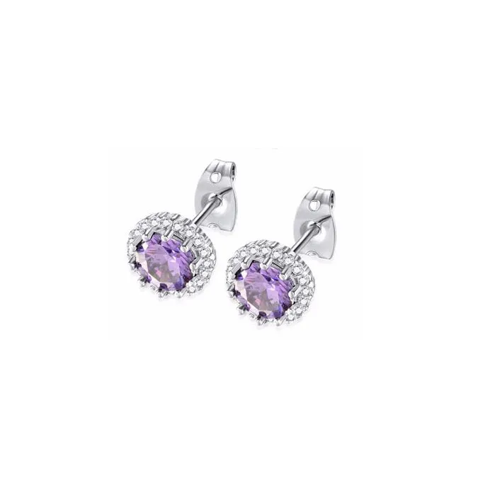 14k White Gold Plated 1/2 Ct Created Halo Round Amethyst Stud Earrings