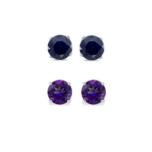 14k White Gold Plated 1/2Ct Created Black Sapphire and Amethyst 2 Pair Round Stud Earrings