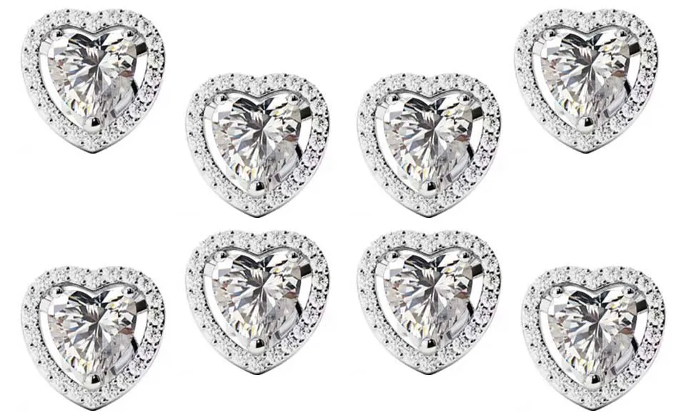 14k White Gold Plated 1/2Ct Heart White Sapphire Set of Four Halo Stud Earrings