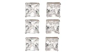 14k White Gold Plated 1/2Ct Square Cut White Sapphire Set Of Three Stud Earrings