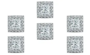 14k White Gold Plated 1Ct Princess Cut White Sapphire Set of Three Halo Stud Earrings