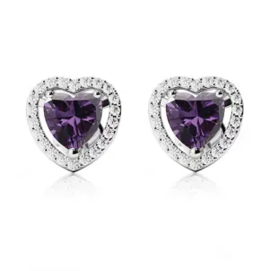 14k White Gold Plated 2 Ct Created Halo Heart Amethyst Stud Earrings