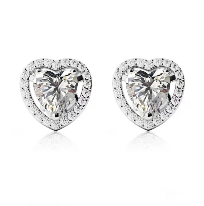 14k White Gold Plated 2 Ct Created Halo Heart White Sapphire Stud Earrings