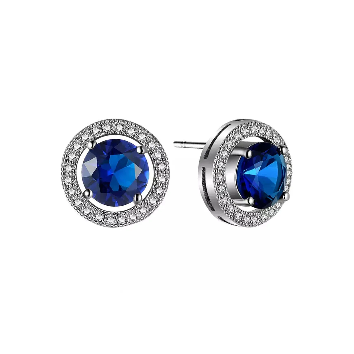 14k White Gold Plated 2 Ct Round Created Blue Crystal Halo Stud Earrings