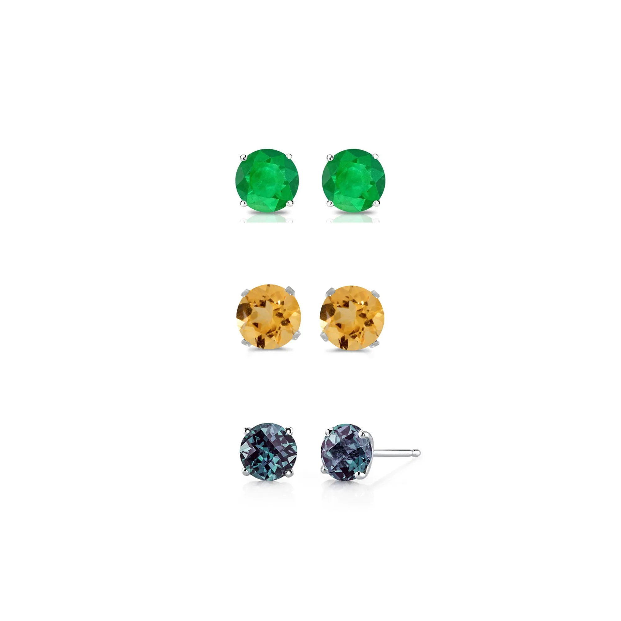 14k White Gold Plated 2Ct Created Emerald, Citrine and Alexandrite 3 Pair Round Stud Earrings