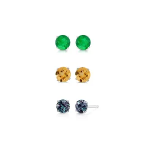 14k White Gold Plated 2Ct Created Emerald, Citrine and Alexandrite 3 Pair Round Stud Earrings