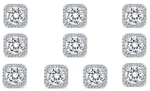 14k White Gold Plated 2Ct Square Cut White Sapphire Set of Five Halo Stud Earrings