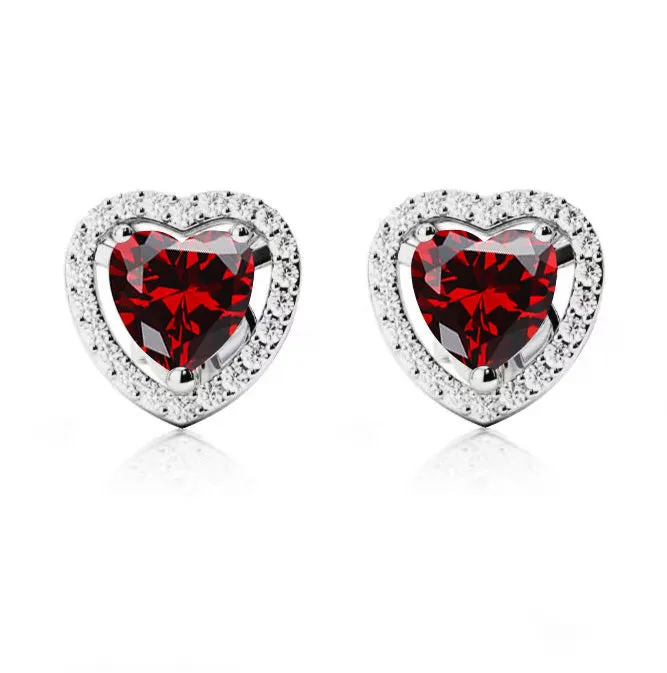 14k White Gold Plated 3 Ct Created Halo Heart Garnet Stud Earrings