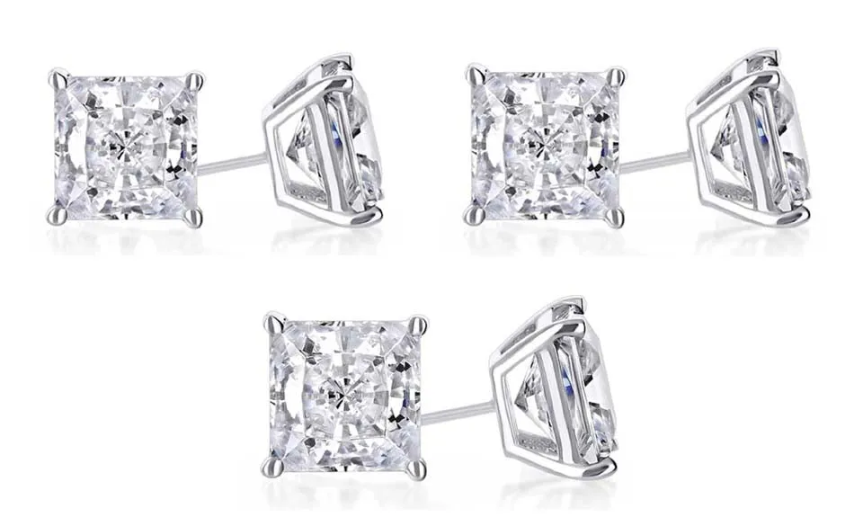 14k White Gold Plated 4Ct Princess Cut White Sapphire Set Of Three Stud Earrings