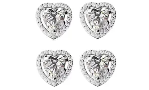 14k White Gold Plated 4mm 1/2Ct Heart White Sapphire Set of Two Halo Stud Earrings