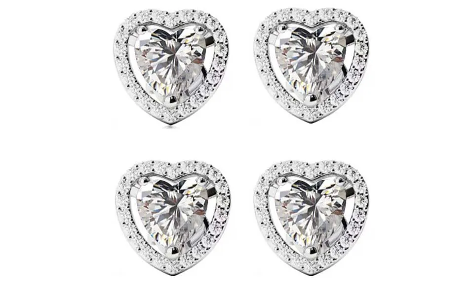 14k White Gold Plated 4mm 1/2Ct Heart White Sapphire Set of Two Halo Stud Earrings