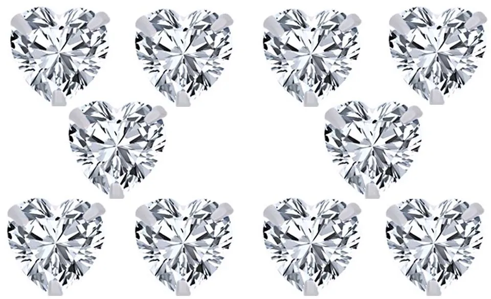 14k White Gold Plated 4mm 3Ct Heart White Sapphire Set Of Five Stud Earrings