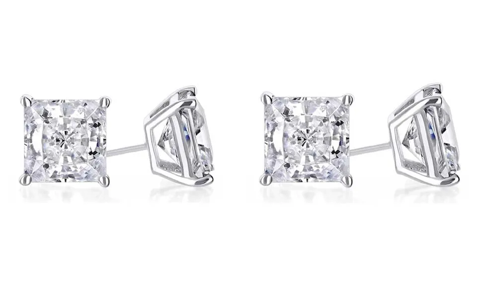 14k White Gold Plated 6mm 2Ct Princess Cut White Sapphire Set Of Two Stud Earrings