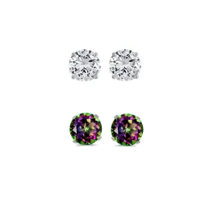 14k White Gold Plated1Ct Created White Sapphire and Mystic Topaz 2 Pair Round Stud Earrings