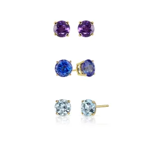 14k Yellow Gold Plated 1Ct Created Amethyst, Tanzanite and Aquamarine 3 Pair Round Stud Earrings