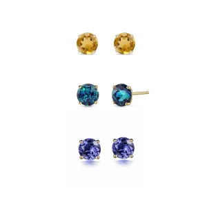 14k Yellow Gold Plated 4Ct Created Citrine, Alexandrite and Tanzanite 3 Pair Round Stud Earrings