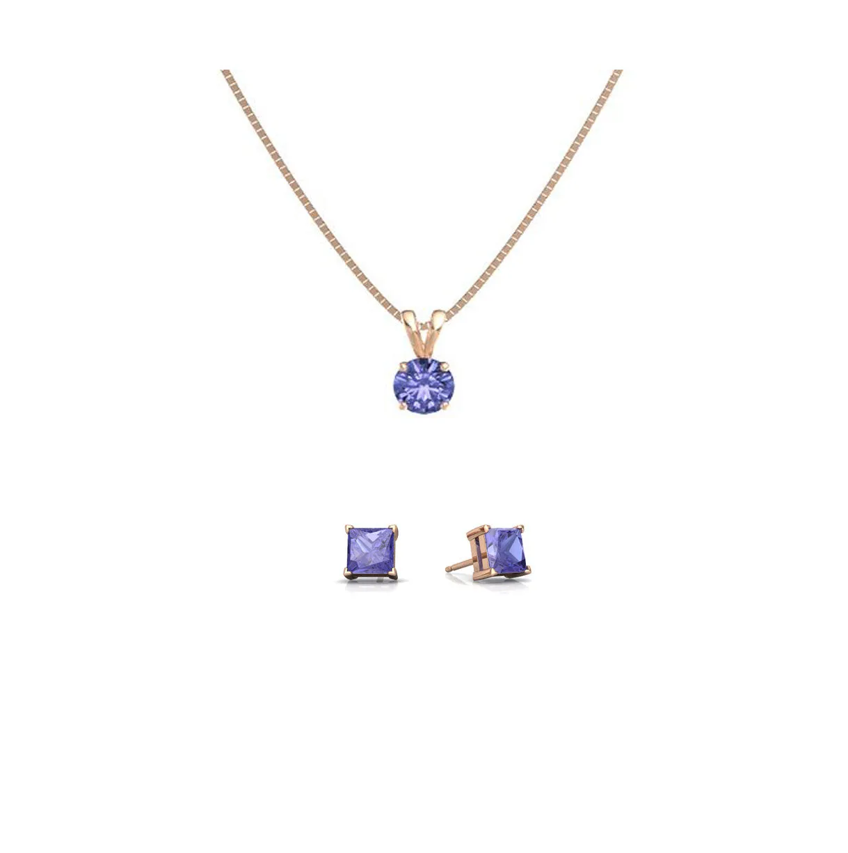 18K Rose Gold 1/2ct Tanzanite Round 18 Inch Necklace and Square Earrings Set Plated