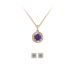 18K Rose Gold 3ct Halo Tanzanite Round 18 Inch Necklace and Halo Square Earrings Set Plated