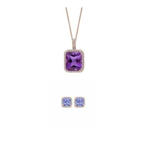 18K Rose Gold 4ct Halo Tanzanite Square 18 Inch Necklace and Halo Earrings Set Plated