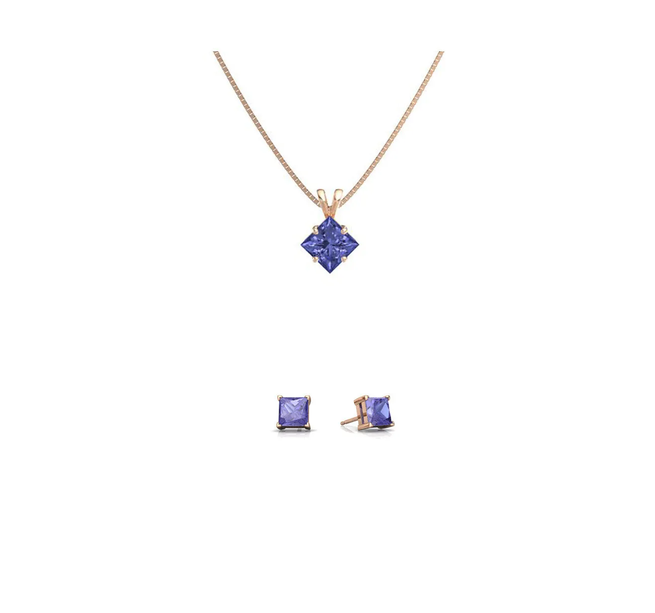 18K Rose Gold 4ct Tanzanite Square 18 Inch Necklace and Earrings Set Plated