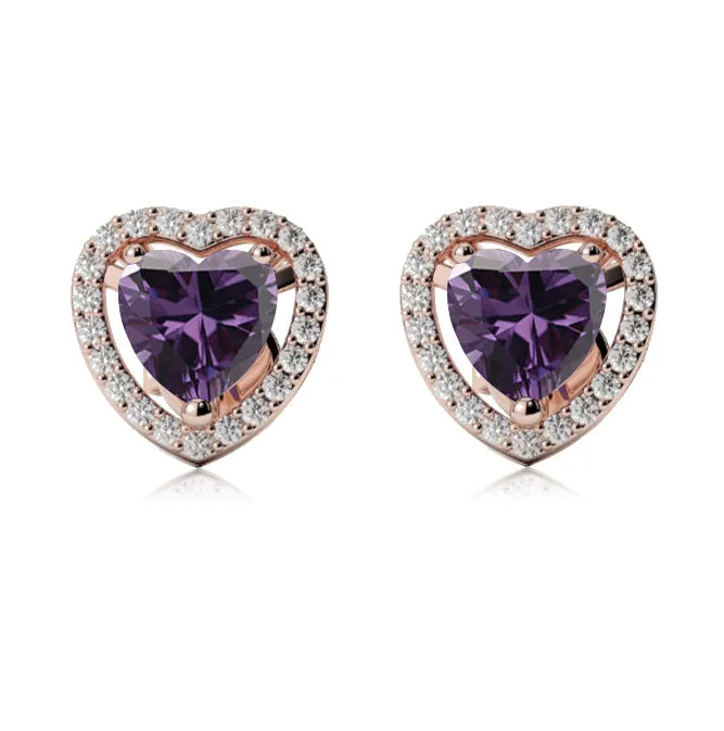 18k Rose Gold Plated 1 Ct Created Halo Heart Amethyst Stud Earrings