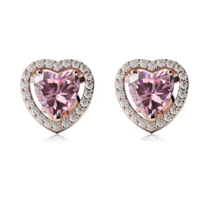 18k Rose Gold Plated 1/2 Ct Created Halo Heart Pink Sapphire Stud Earrings