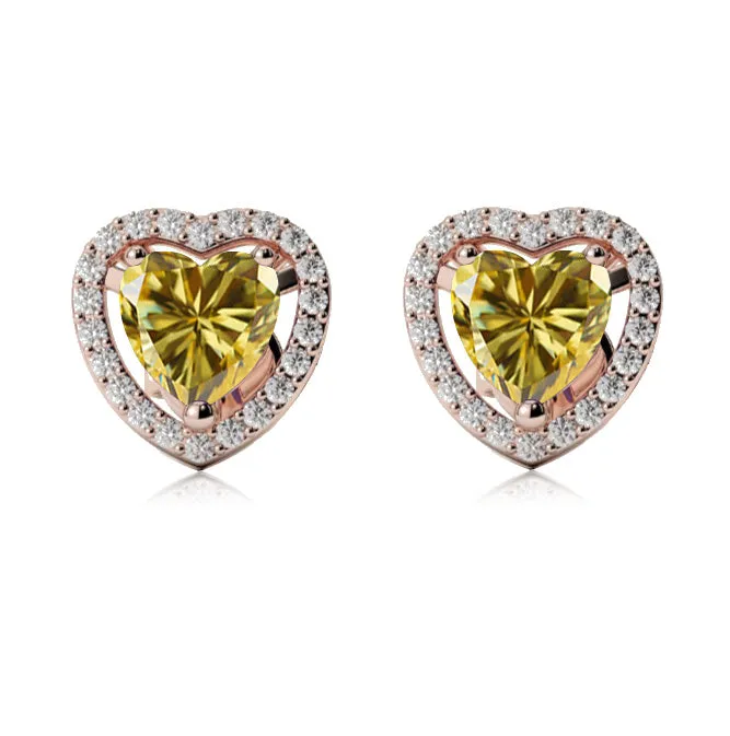 18k Rose Gold Plated 1/2 Ct Created Halo Heart Yellow Sapphire Stud Earrings