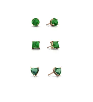 18k Rose Gold Plated 1Cttw 7mm Created Emerald 3 Pair Round, Square and Heart Stud Earrings