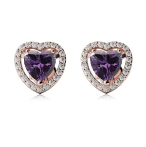 18k Rose Gold Plated 2 Ct Created Halo Heart Amethyst Stud Earrings