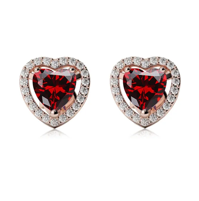 18k Rose Gold Plated 3 Ct Created Halo Heart Garnet Stud Earrings