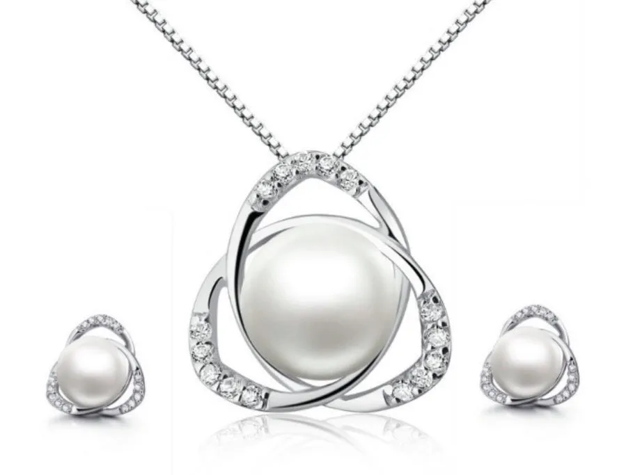 18K White Gold 1 ct Pearl Halo Round 18 Inch Necklace and Earrings Set Plated