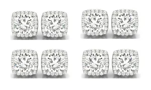 18k White Gold 4mm 1Ct Cushion Cut White Sapphire Set Of Four Halo Stud Earrings Plated