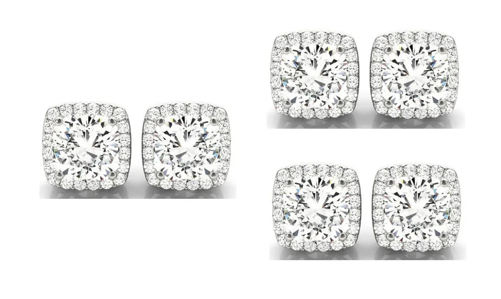 18k White Gold 4mm 3Ct Cushion Cut White Sapphire Set Of Three Halo Stud Earrings Plated