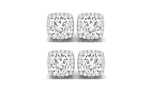 18k White Gold 6mm 1/2Ct Cushion Cut White Sapphire Set Of Two Halo Stud Earrings Plated